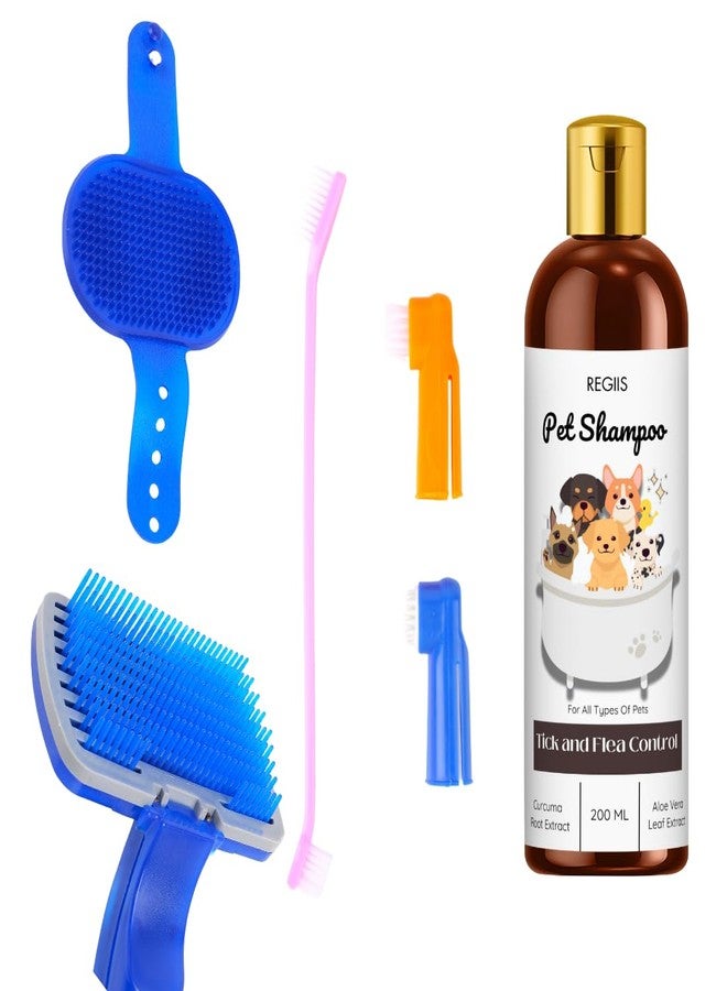 مجموعة العناية بالحيوانات الأليفة مع شامبو لمكافحة القراد والبراغيث، 200 مل، مجموعة فرشاة زرقاء مع فرش أسنان للأصابع للكلاب والقطط (عبوة من 4 قطع) - Image 1